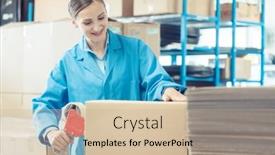  Presentation with packaging - PPT layouts with woman-in-factory-warehouse-packaging background and a soft green colored foreground