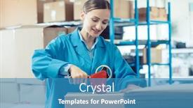  Presentation with packaging - Audience pleasing presentation theme consisting of woman-in-factory-warehouse-packaging backdrop and a teal colored foreground