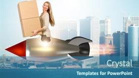  Presentation with rocket - Presentation theme featuring woman in fast box delivery service on rocket background and a ocean colored foreground