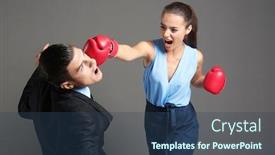  Presentation with formal - Slides enhanced with woman in formal clothes and boxing gloves hitting businessman on grey background background and a ocean colored foreground
