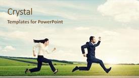  Presentation with formal - Slide set featuring woman in formal wear running background and a sky blue colored foreground