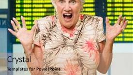  Presentation with departure board - Cool new slide set with woman in front of airport backdrop and a coral colored foreground