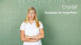  Presentation with perspectives - Slide set having woman in front of chalkboard thinking with german word for perspectives written on it background and a gray colored foreground
