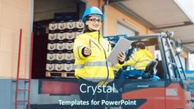  Presentation with forklift - Slide deck with woman-in-front-of-forklift and a ocean colored foreground