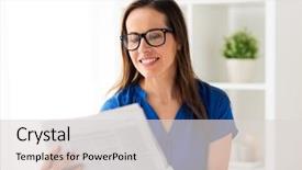  Presentation with office newspaper - Theme enhanced with woman in glasses reading newspaper background and a light gray colored foreground