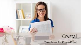  Presentation with office newspaper - Cool new presentation theme with woman in glasses reading newspaper backdrop and a  colored foreground