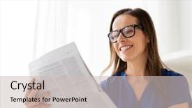  Presentation with mass media - Amazing slide set having woman in glasses reading newspaper backdrop and a soft green colored foreground