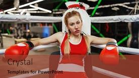  Presentation with boxing ring - Slide deck enhanced with woman-in-gloves-sitting background and a red colored foreground