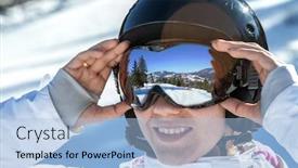  Presentation with snow - Audience pleasing presentation design consisting of woman in goggles and helmet stay on the snow backdrop and a light blue colored foreground