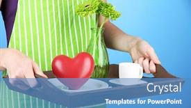  Presentation with green color - Audience pleasing theme consisting of woman in green apron holding wooden tray with breakfast on color background backdrop and a teal colored foreground