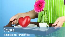  Presentation with green color - PPT theme featuring woman in green apron holding wooden tray with breakfast on color background background and a teal colored foreground