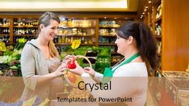  Presentation with sales - Colorful presentation theme enhanced with woman in grocer store backdrop and a  colored foreground