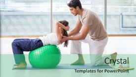  Presentation with gym ball - Beautiful slide set featuring woman in gym with stability backdrop and a teal colored foreground