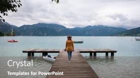  Presentation with walking - Cool new slide deck with woman-in-hat-walking-along backdrop and a dark gray colored foreground