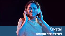  Presentation with music headphones - Audience pleasing theme consisting of woman-in-headphones-listening backdrop and a teal colored foreground