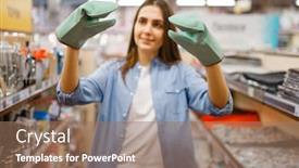  Presentation with heat - Colorful PPT theme enhanced with woman-in-heat-resistant-gloves backdrop and a coral colored foreground