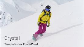  Presentation with snowboard - Presentation design consisting of woman in helmet and mask is riding on snowboard on snowy slope at winter day background and a white colored foreground