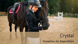  Presentation with horse riding - Theme with woman in helmet hugs horse background and a  colored foreground