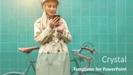  Presentation with female sport - Colorful slide deck enhanced with woman-in-helmet-using backdrop and a ocean colored foreground