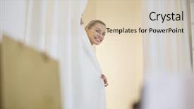  Presentation with curtains - Amazing presentation theme having woman in hiding behind curtain backdrop and a soft green colored foreground