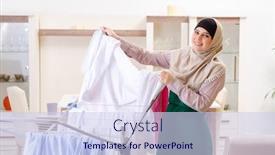  Presentation with hijab - Theme enhanced with woman in hijab doing clothing ironing at home background and a sky blue colored foreground