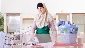  Presentation with ironing - Presentation design having woman in hijab doing clothing ironing at home background and a soft green colored foreground