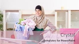  Presentation with hijab - Slide set consisting of woman in hijab doing clothing ironing at home background and a lemonade colored foreground
