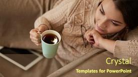  Presentation with green coffee - Presentation theme enhanced with woman-in-home-clothes-sitting background and a tawny brown colored foreground