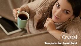  Presentation with green coffee - Beautiful presentation theme featuring woman-in-home-clothes-sitting backdrop and a tawny brown colored foreground