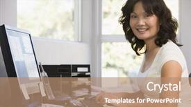  Presentation with home office - Audience pleasing presentation theme consisting of woman in home office using backdrop and a coral colored foreground