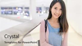  Presentation with hong kong airport - PPT theme consisting of woman in hong kong airport background and a  colored foreground