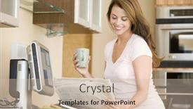  Presentation with kitchen - Amazing presentation theme having woman in kitchen at computer with newspaper and coffee smiling backdrop and a soft green colored foreground