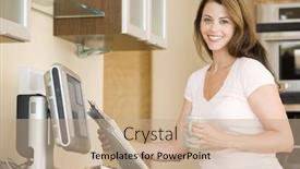  Presentation with sports newspaper - Presentation consisting of woman in kitchen at computer with newspaper and coffee smiling background and a coral colored foreground