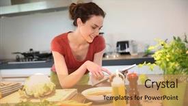  Presentation with recipe - Beautiful presentation theme featuring woman in kitchen looking at recipe on tablet backdrop and a yellow colored foreground