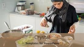  Presentation with healty - Presentation theme enhanced with woman-in-kitchen-preparing-healty background and a coral colored foreground