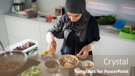  Presentation with healty - Amazing PPT theme having woman-in-kitchen-preparing-healty backdrop and a coral colored foreground