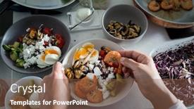  Presentation with healty - PPT layouts featuring woman-in-kitchen-preparing-healty background and a tawny brown colored foreground
