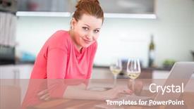  Presentation with modern color - Cool new PPT theme with woman in kitchen with laptop and a glass of wine browsing the web shopping online from her modern home shallow dof color toned image backdrop and a coral colored foreground