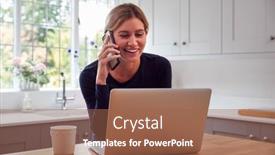  Presentation with mobile health - Cool new PPT theme with woman-in-kitchen-with-mobile backdrop and a coral colored foreground