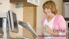  Presentation with newspaper headline - Amazing presentation theme having woman in kitchen with newspaper and coffee smiling backdrop and a coral colored foreground