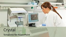  Presentation with research - PPT theme consisting of woman in laboratory research research background and a mint green colored foreground