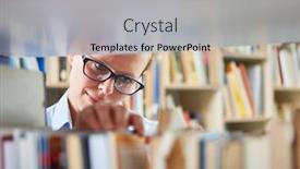  Presentation with library - Slide deck having woman-in-library-is-looking background and a light gray colored foreground