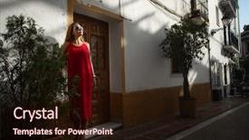  Presentation with building - Presentation theme having woman in light with shadow background and a wine colored foreground