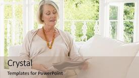  Presentation with living room - Colorful presentation theme enhanced with woman in living room reading newspaper backdrop and a coral colored foreground