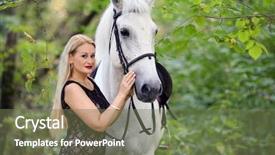  Presentation with white horse - Cool new theme with woman in long black dress poses near beautiful white horse in park focus on horse backdrop and a violet colored foreground
