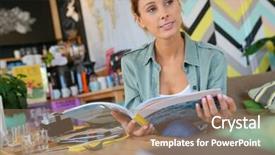  Presentation with lounge - PPT theme having woman in lounge reading magazine background and a  colored foreground