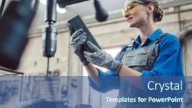 Presentation with workshop - Presentation design consisting of woman-in-metal-workshop-checking background and a ocean colored foreground