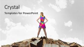  Presentation with pile - Colorful PPT theme enhanced with woman-in-multicolored-dress-standing backdrop and a white colored foreground