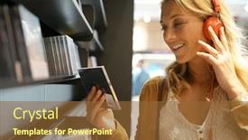  Presentation with multimedia - Colorful PPT layouts enhanced with woman-in-multimedia-store-testing backdrop and a tawny brown colored foreground