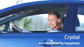 Presentation with happy new year 2022 - Beautiful PPT theme featuring woman in new blue car backdrop and a  colored foreground